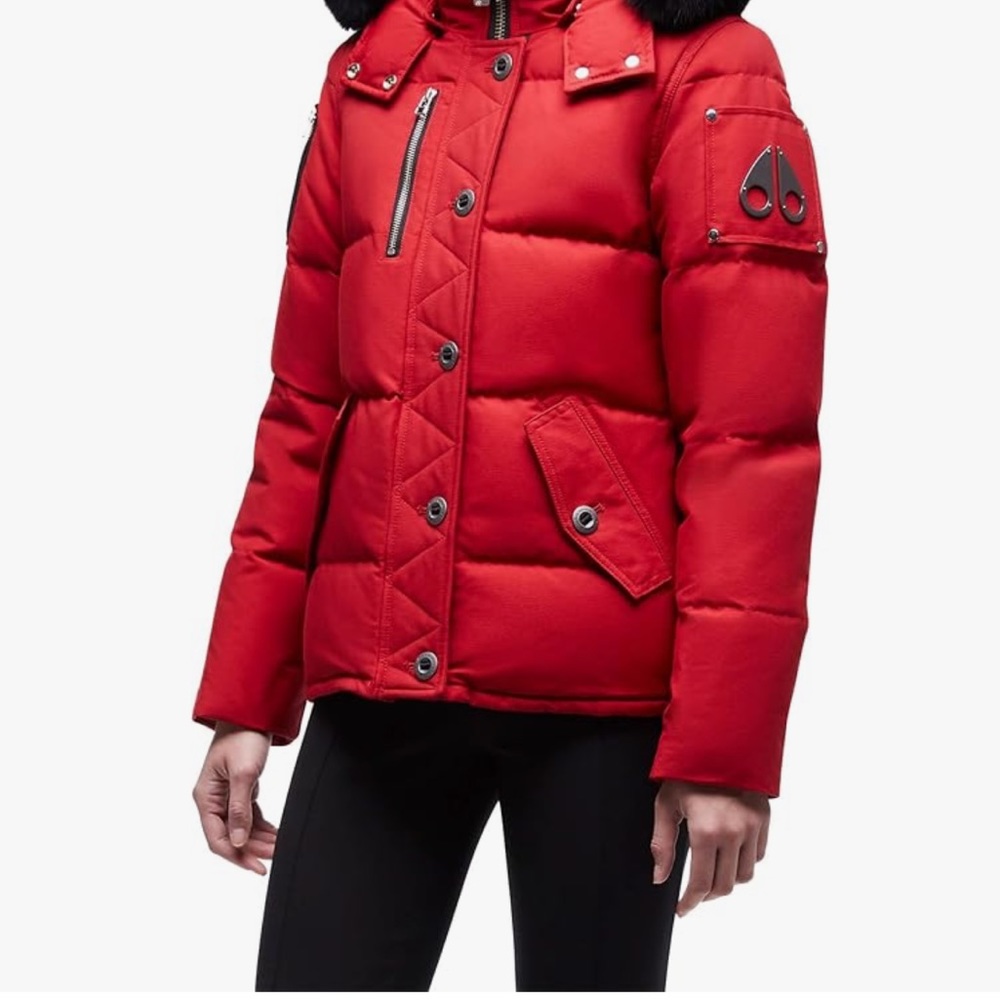 Moose Knuckles Red Slim Fit Puffer Down Jacket w Black Fur Hood Size XS EUC